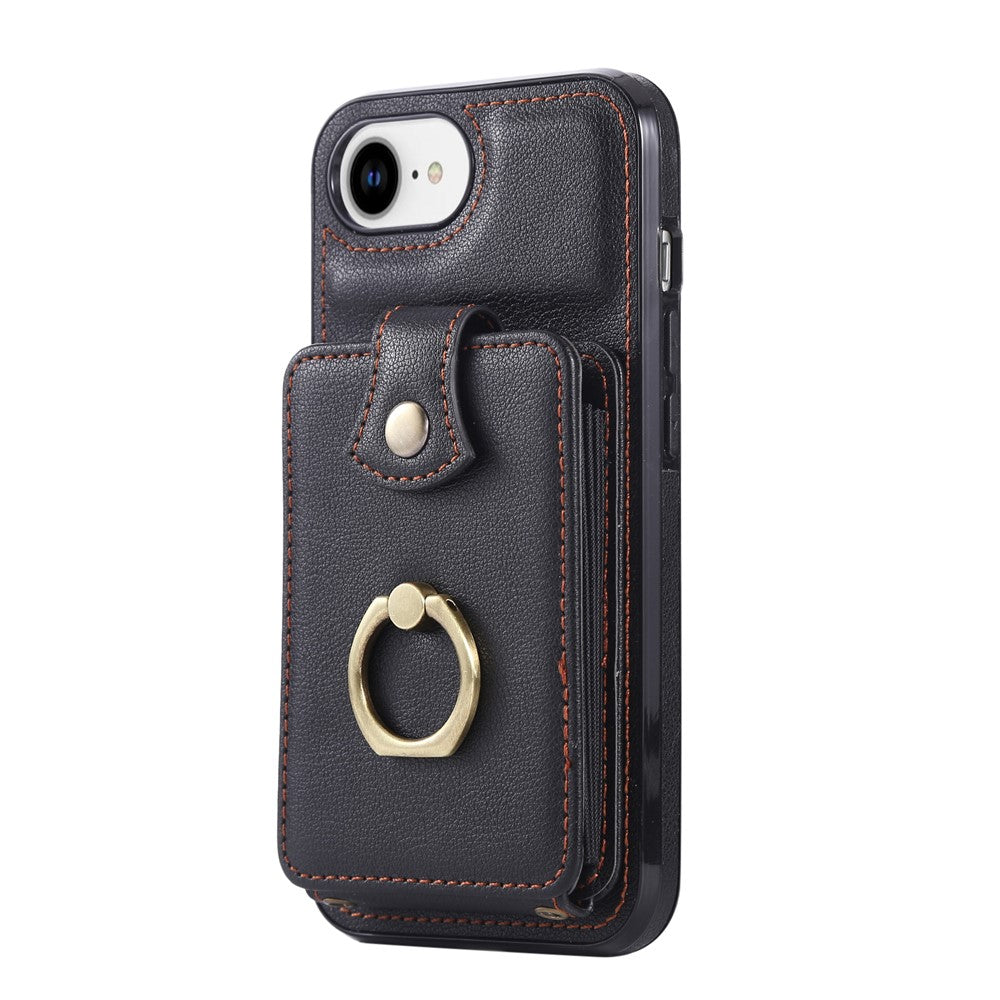 For iPhone 17th / 16th Case Card Holder Ring Kickstand TPU + PU Leather Phone Cover with Long Strap