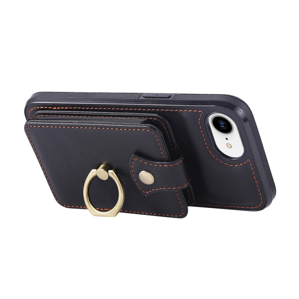 For iPhone 17th / 16th Case Card Holder Ring Kickstand TPU + PU Leather Phone Cover with Long Strap