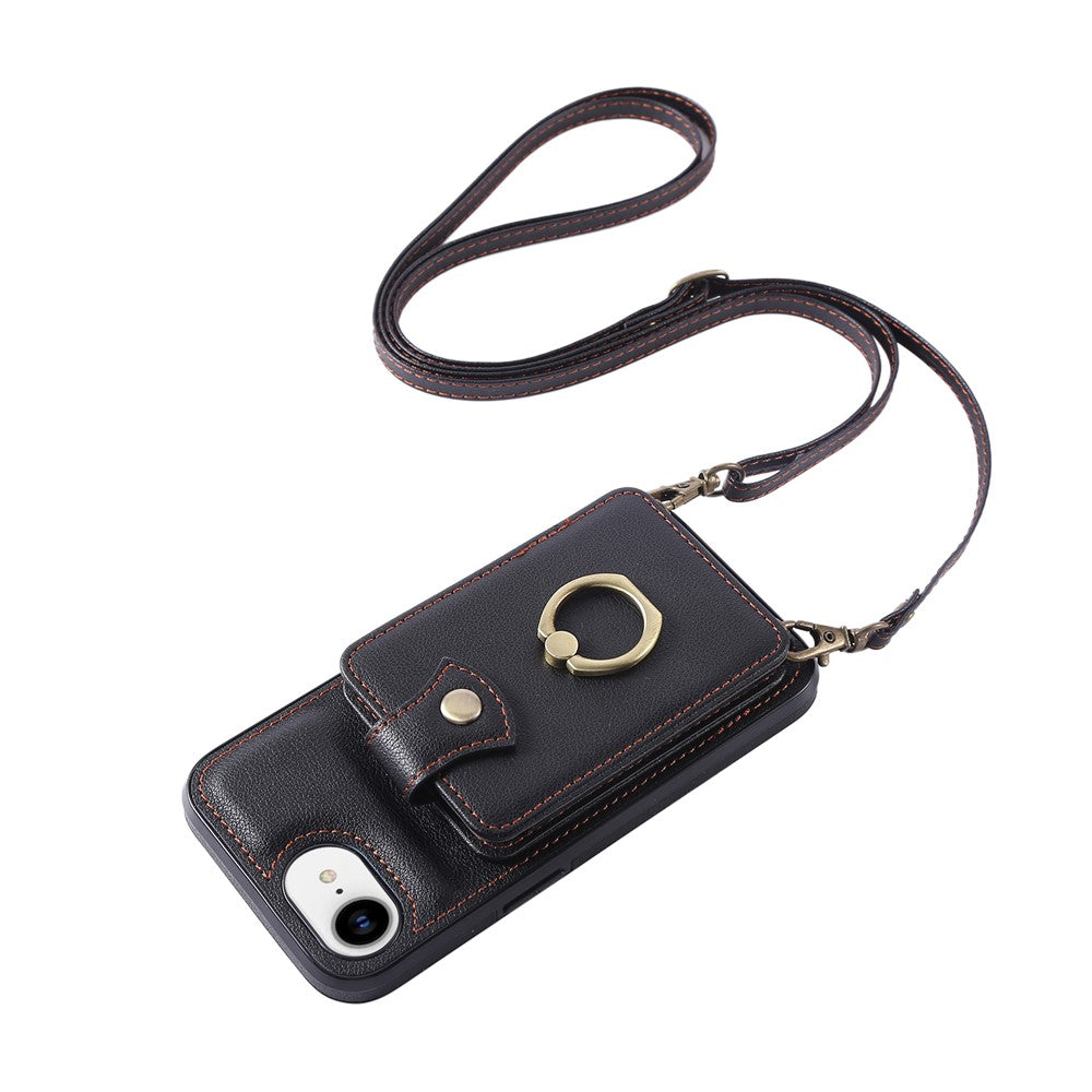 For iPhone 17th / 16th Case Card Holder Ring Kickstand TPU + PU Leather Phone Cover with Long Strap