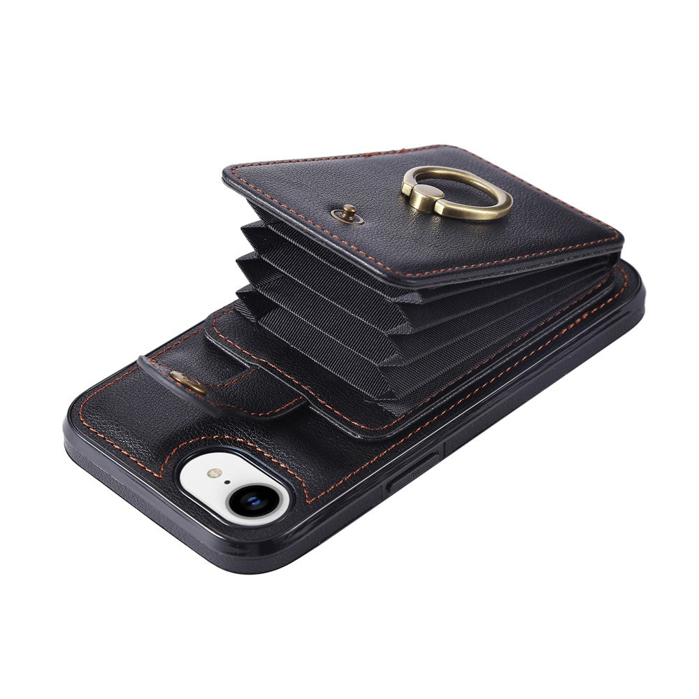 For iPhone 17th / 16th Case Card Holder Ring Kickstand TPU + PU Leather Phone Cover with Long Strap