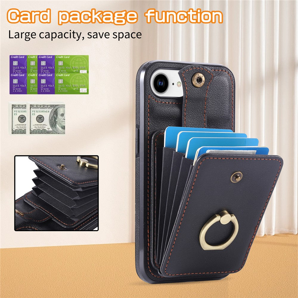 For iPhone 17th / 16th Case Card Holder Ring Kickstand TPU + PU Leather Phone Cover with Long Strap
