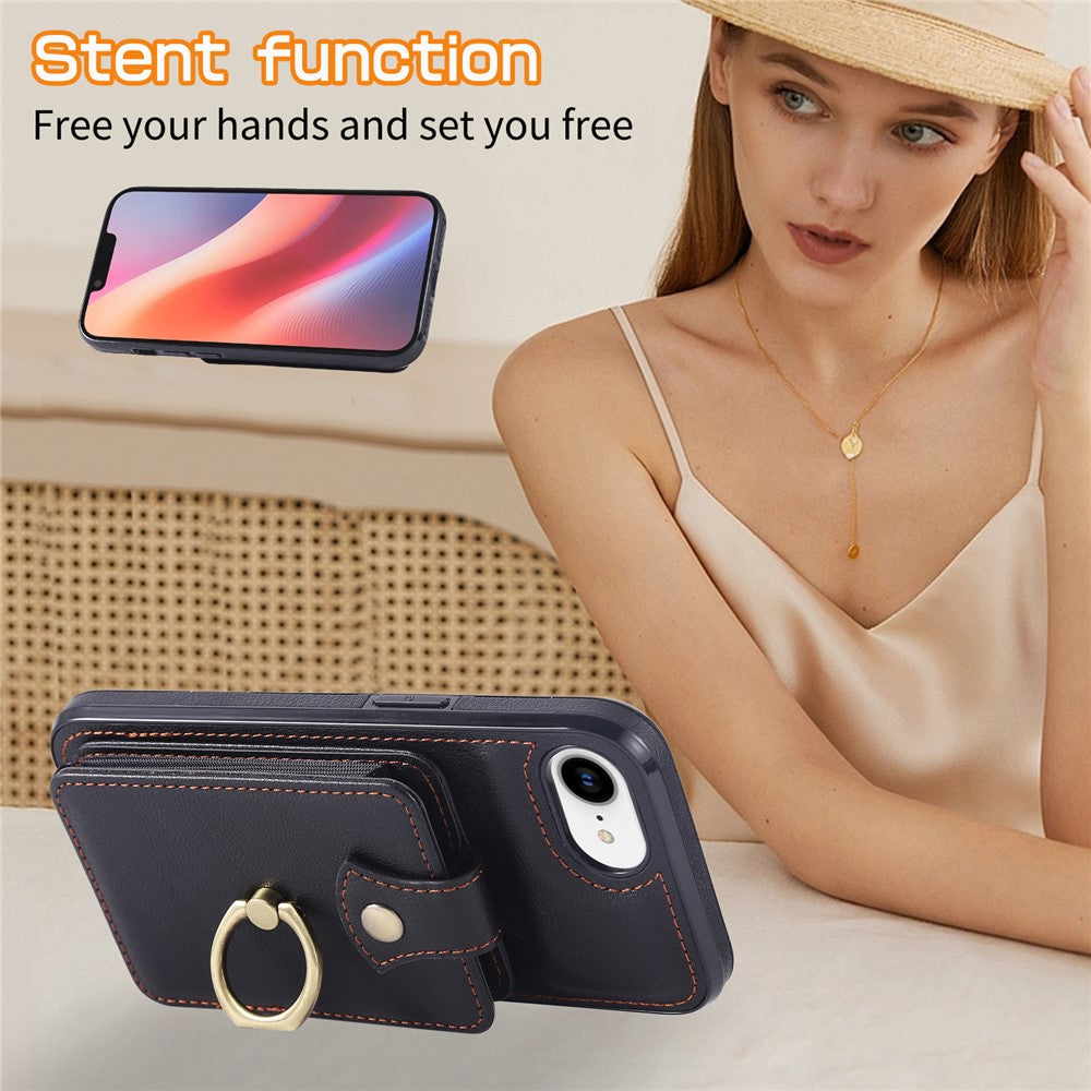 For iPhone 17th / 16th Case Card Holder Ring Kickstand TPU + PU Leather Phone Cover with Long Strap