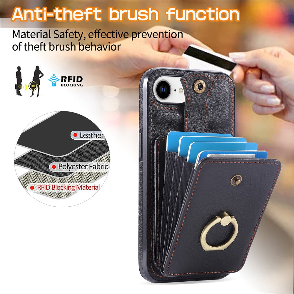 For iPhone 17th / 16th Case Card Holder Ring Kickstand TPU + PU Leather Phone Cover with Long Strap