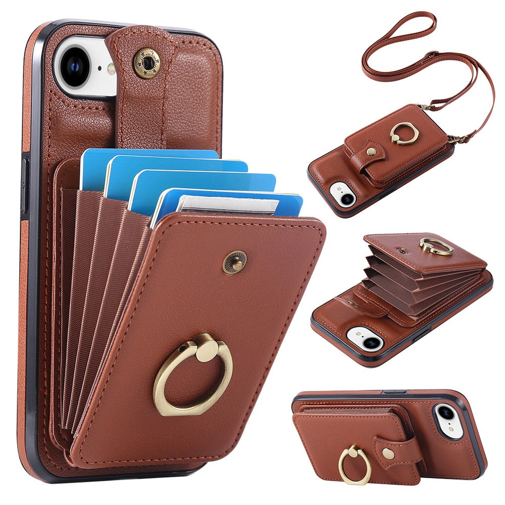 For iPhone 17th / 16th Case Card Holder Ring Kickstand TPU + PU Leather Phone Cover with Long Strap