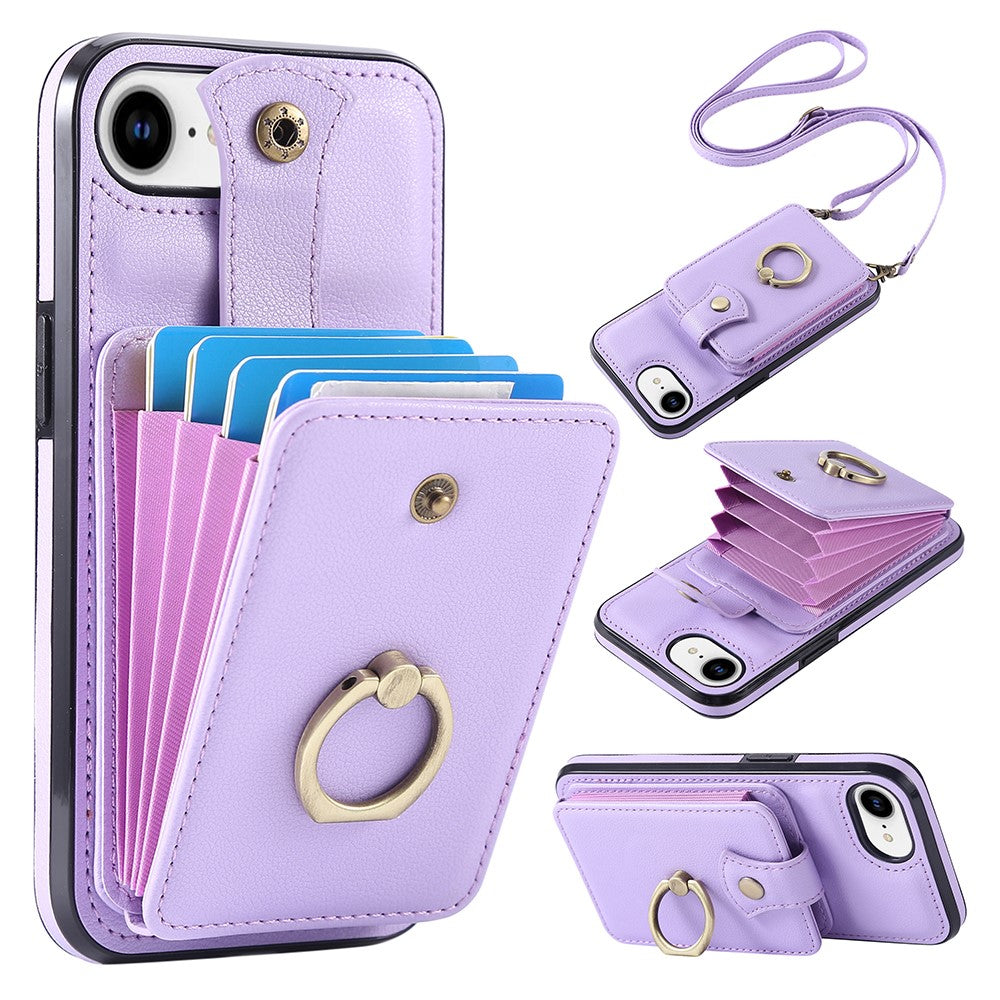 For iPhone 17th / 16th Case Card Holder Ring Kickstand TPU + PU Leather Phone Cover with Long Strap