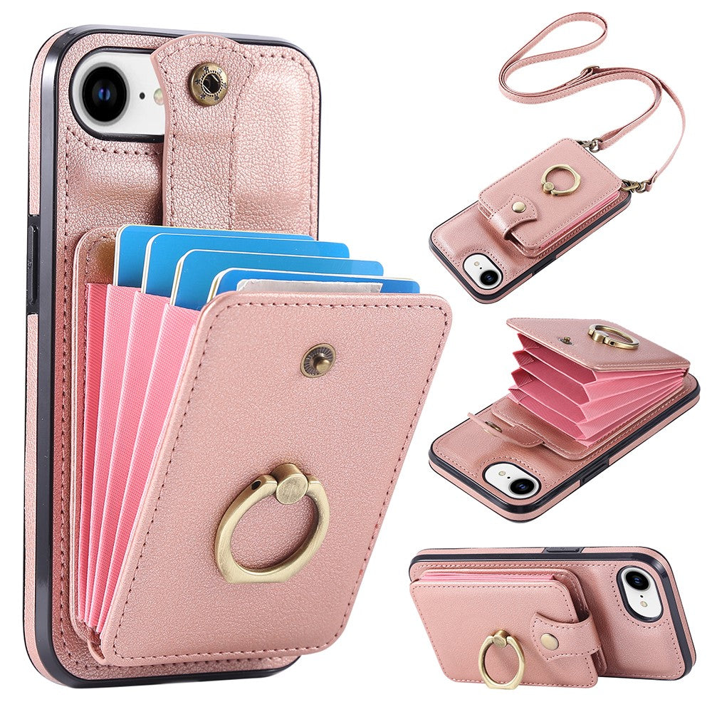 For iPhone 17th / 16th Case Card Holder Ring Kickstand TPU + PU Leather Phone Cover with Long Strap