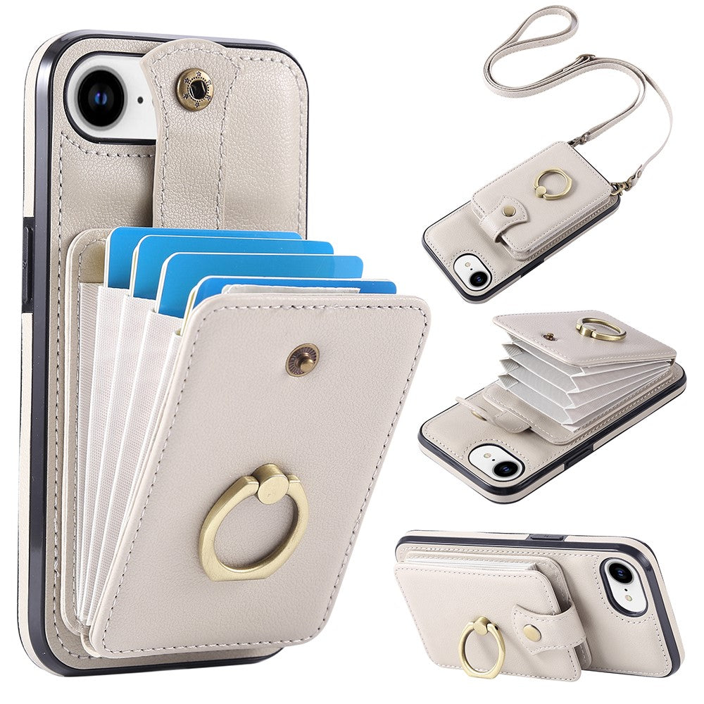 For iPhone 17th / 16th Case Card Holder Ring Kickstand TPU + PU Leather Phone Cover with Long Strap