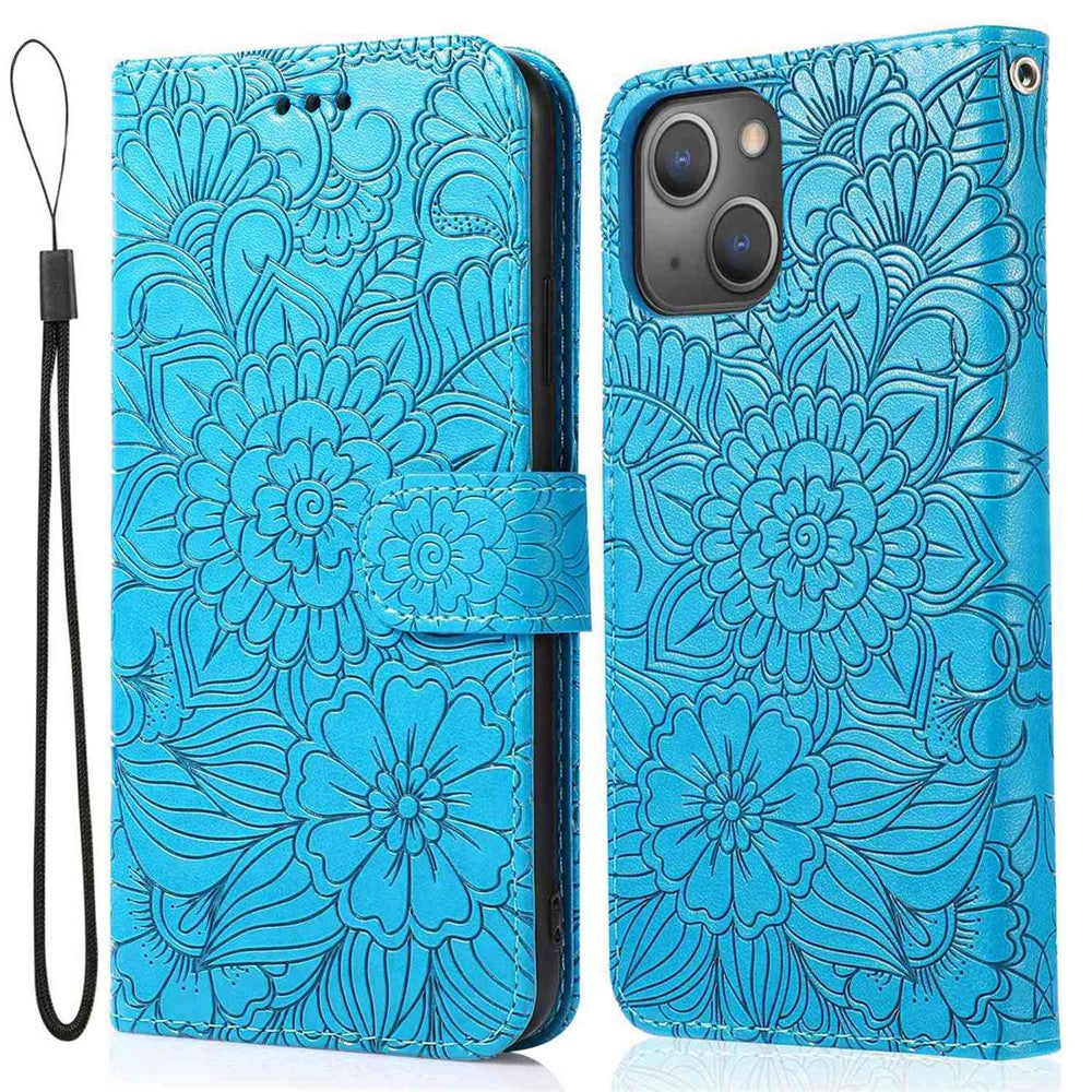 Fallsäkert mobilskal för iPhone 13 mini 5,4 tum, präglat blommönster, stativ, vikbart läderplånboksfodral med rem