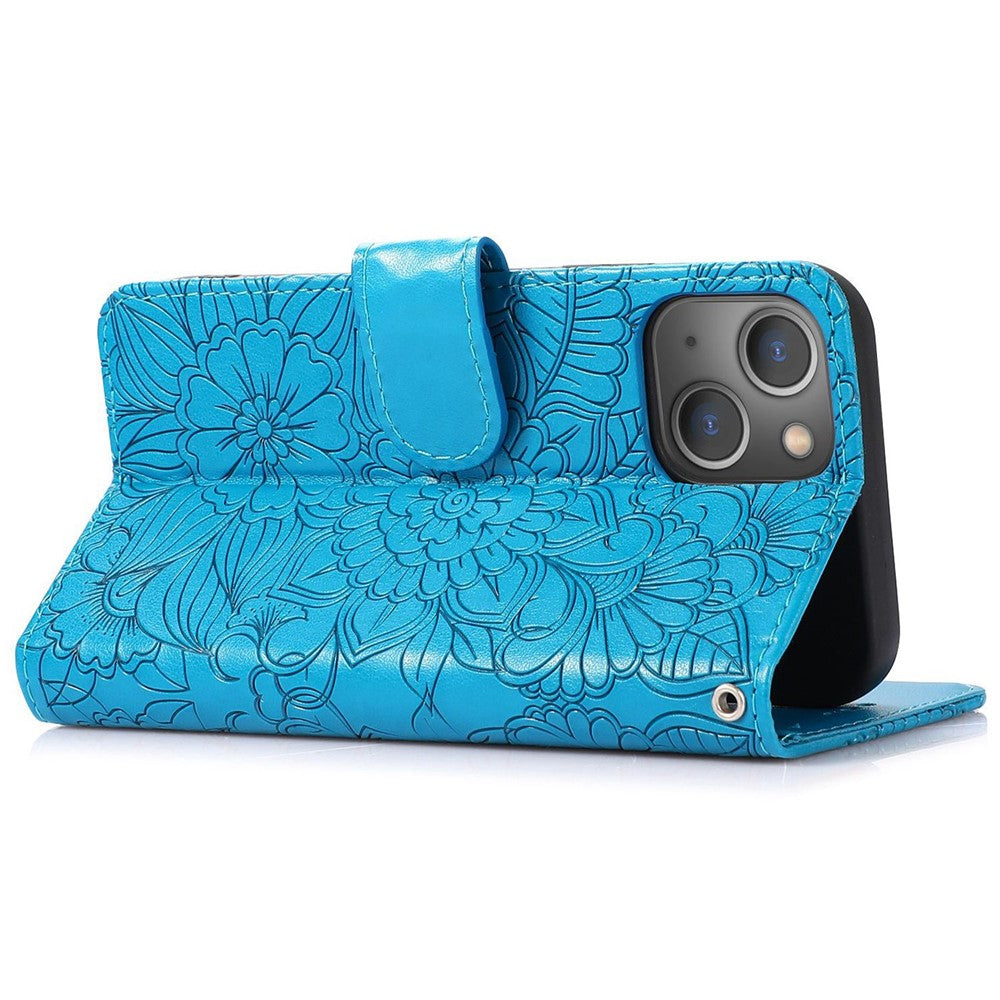 Anti-drop Phone Case for iPhone 13 mini 5.4 inch, Imprinted Flower Pattern Stand Flip Leather Wallet Cover with Strap