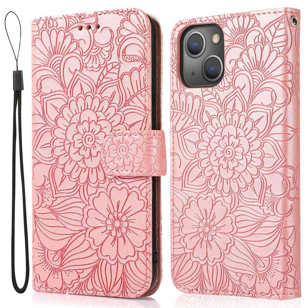 Anti-drop Phone Case for iPhone 13 mini 5.4 inch, Imprinted Flower Pattern Stand Flip Leather Wallet Cover with Strap