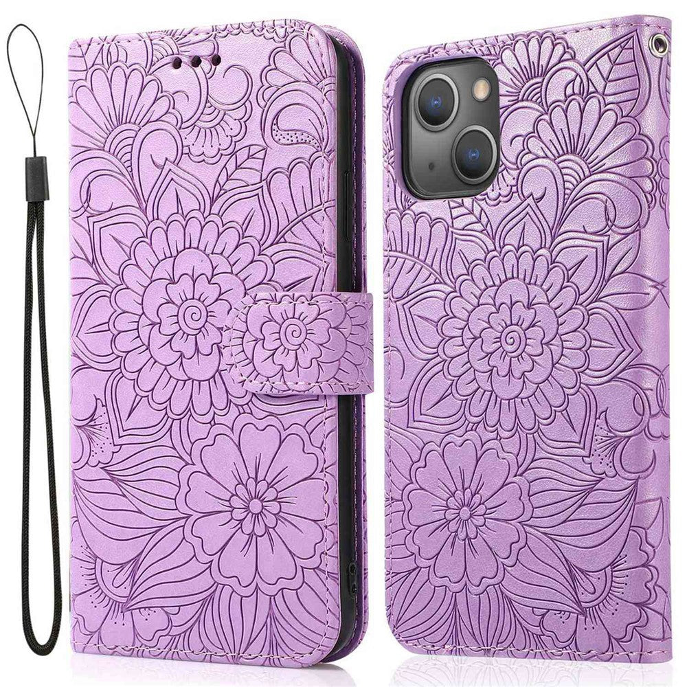 Anti-drop Phone Case for iPhone 13 mini 5.4 inch, Imprinted Flower Pattern Stand Flip Leather Wallet Cover with Strap
