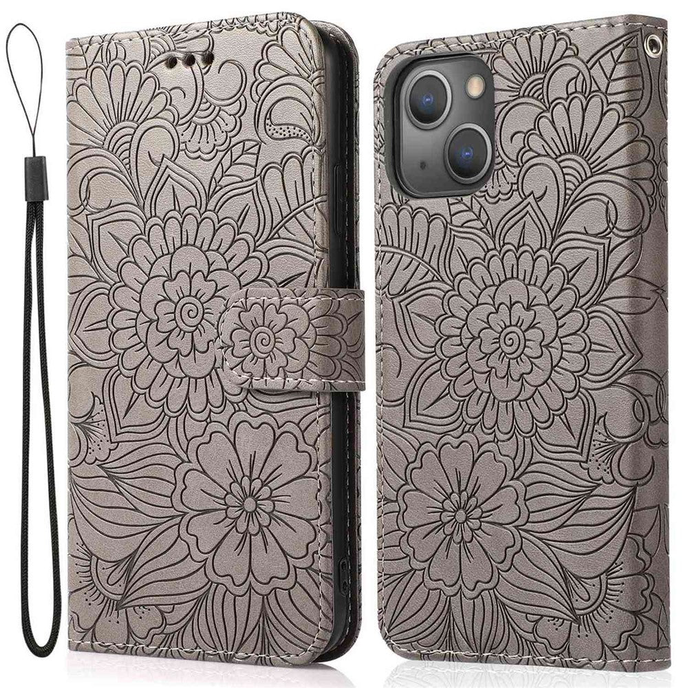 Anti-drop Phone Case for iPhone 13 mini 5.4 inch, Imprinted Flower Pattern Stand Flip Leather Wallet Cover with Strap