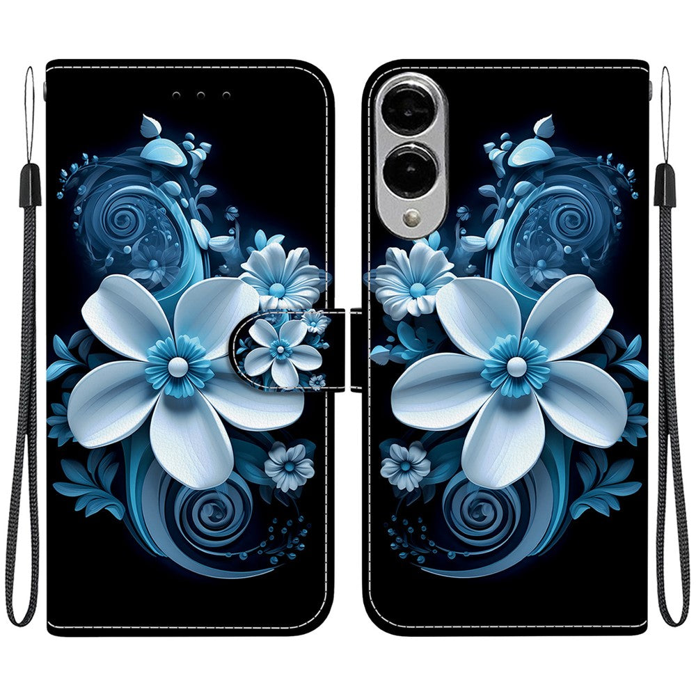 Til Samsung Galaxy S25 Edge cover med mønstertryk, anti-fald, læder flip pung telefoncover med snor