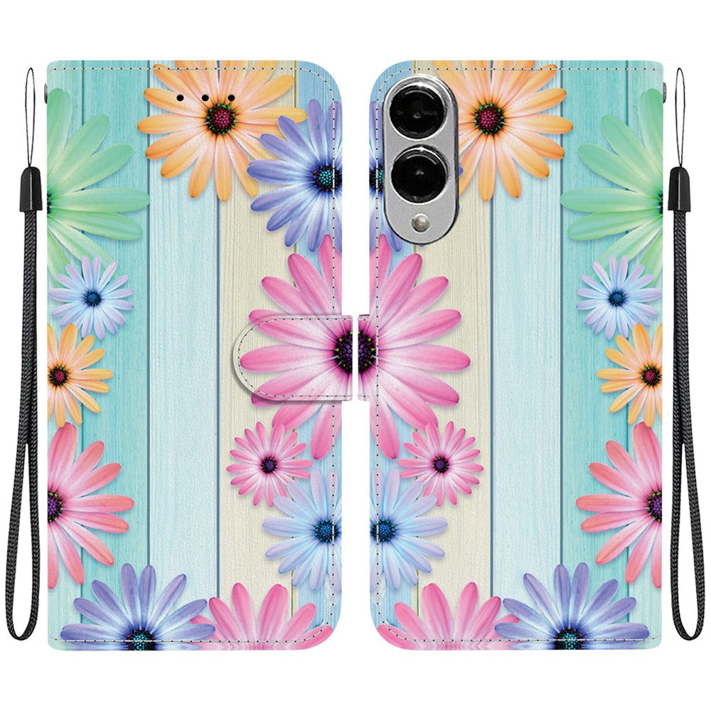 Til Samsung Galaxy S25 Edge cover med mønstertryk, anti-fald, læder flip pung telefoncover med snor