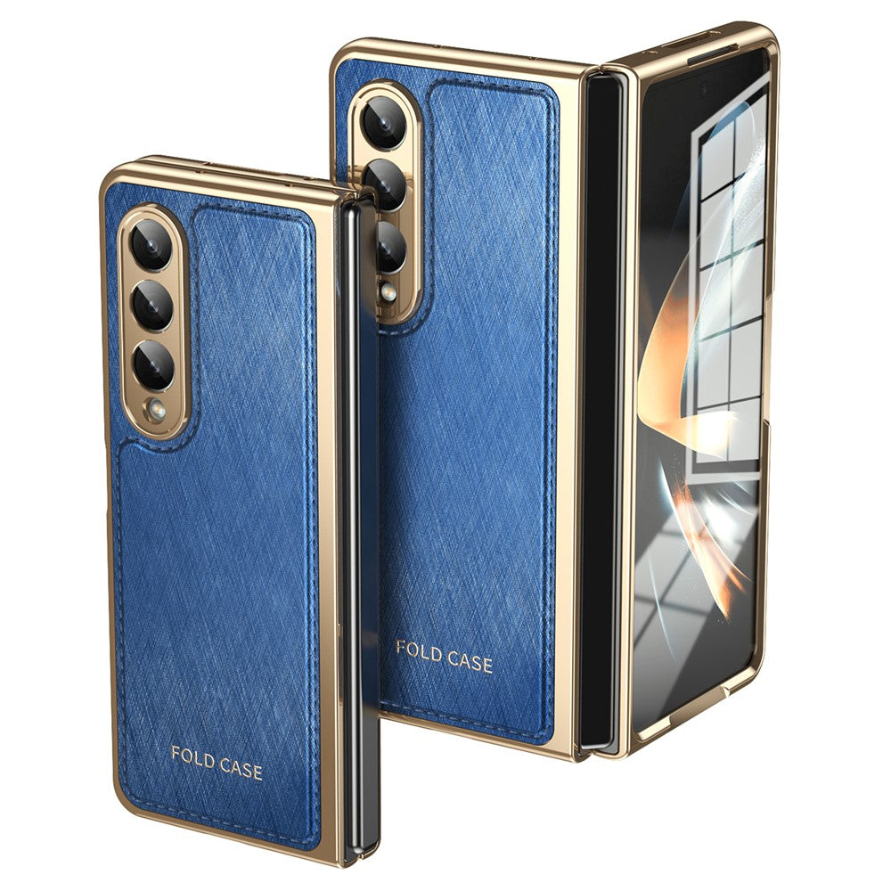 For Samsung Galaxy Z Fold4 5G Case PU Leather Coated PC Electroplated Phone Cover Built In Screen Protector