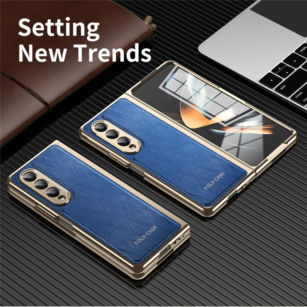 For Samsung Galaxy Z Fold4 5G Case PU Leather Coated PC Electroplated Phone Cover Built In Screen Protector