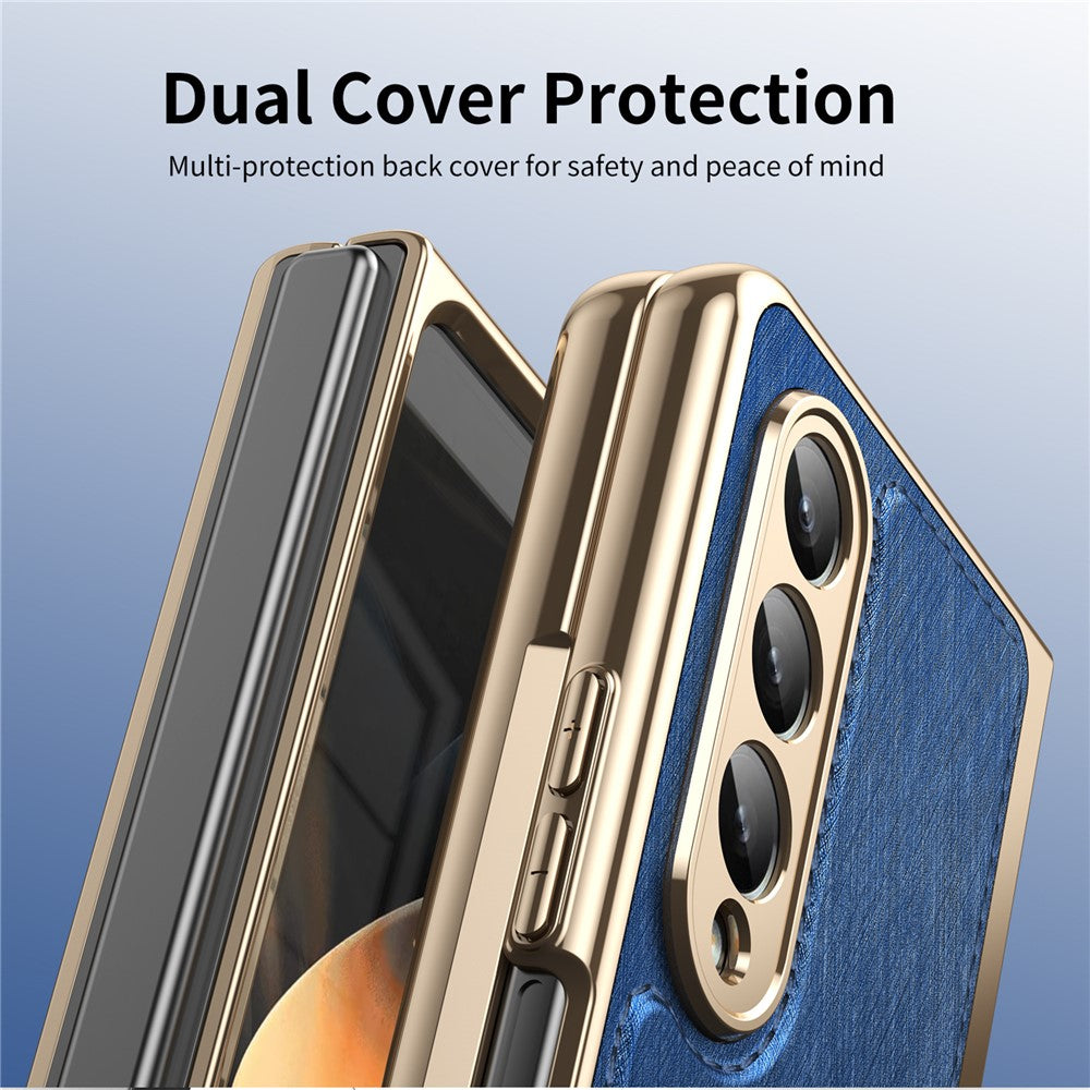 For Samsung Galaxy Z Fold4 5G Case PU Leather Coated PC Electroplated Phone Cover Built In Screen Protector
