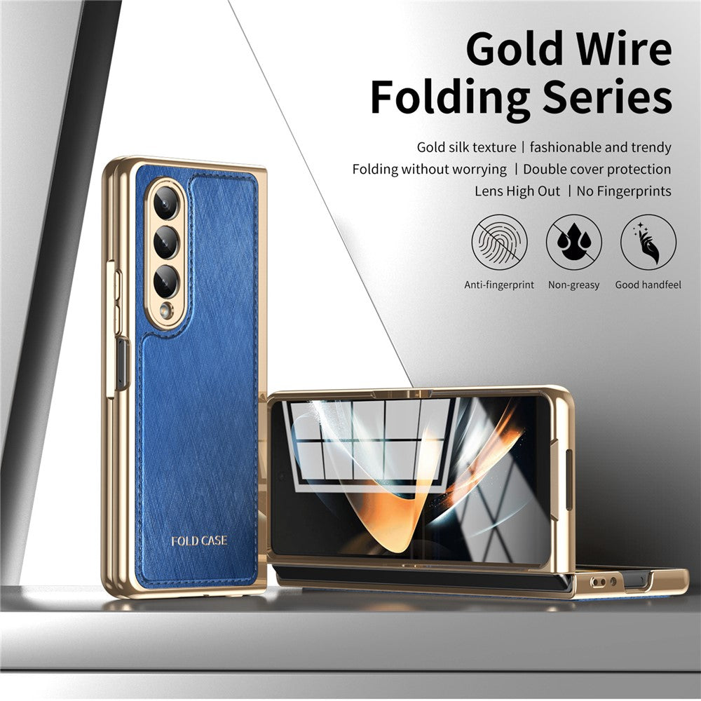 For Samsung Galaxy Z Fold4 5G Case PU Leather Coated PC Electroplated Phone Cover Built In Screen Protector
