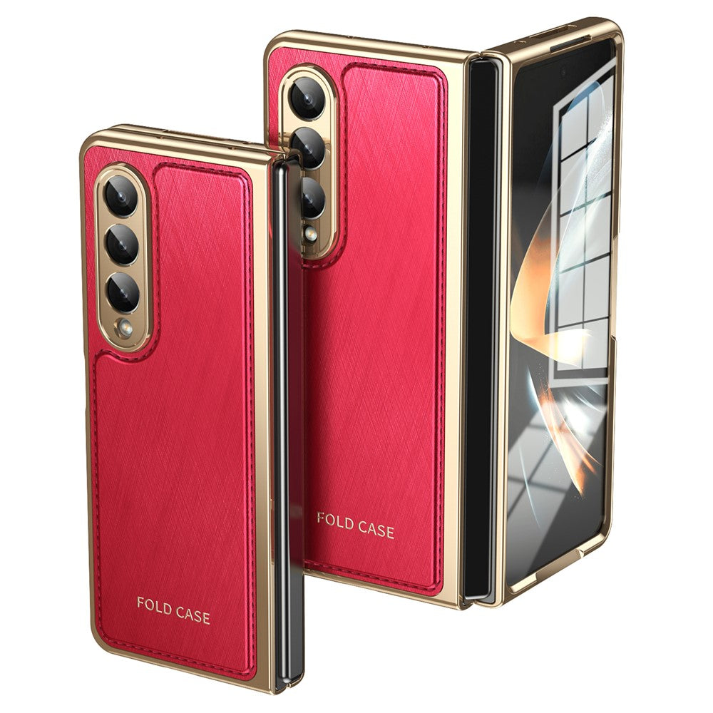 For Samsung Galaxy Z Fold4 5G Case PU Leather Coated PC Electroplated Phone Cover Built In Screen Protector