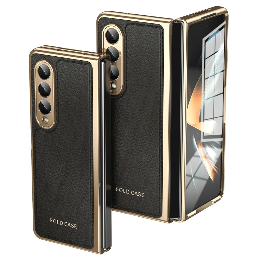 For Samsung Galaxy Z Fold4 5G Case PU Leather Coated PC Electroplated Phone Cover Built In Screen Protector