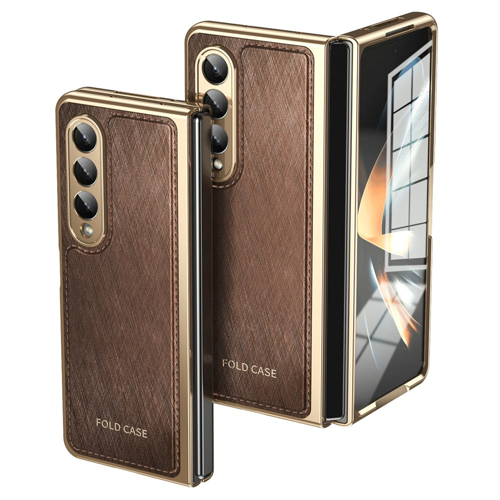 For Samsung Galaxy Z Fold4 5G Case PU Leather Coated PC Electroplated Phone Cover Built In Screen Protector
