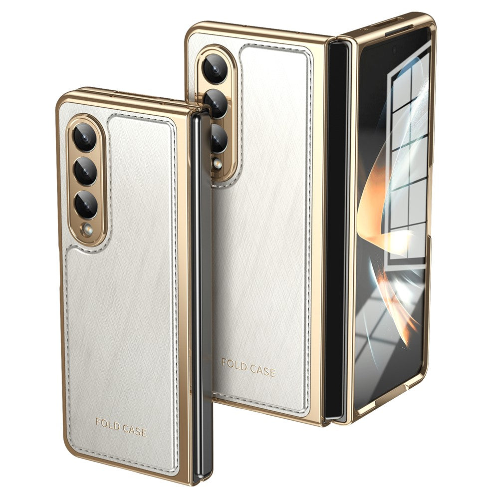 For Samsung Galaxy Z Fold4 5G Case PU Leather Coated PC Electroplated Phone Cover Built In Screen Protector