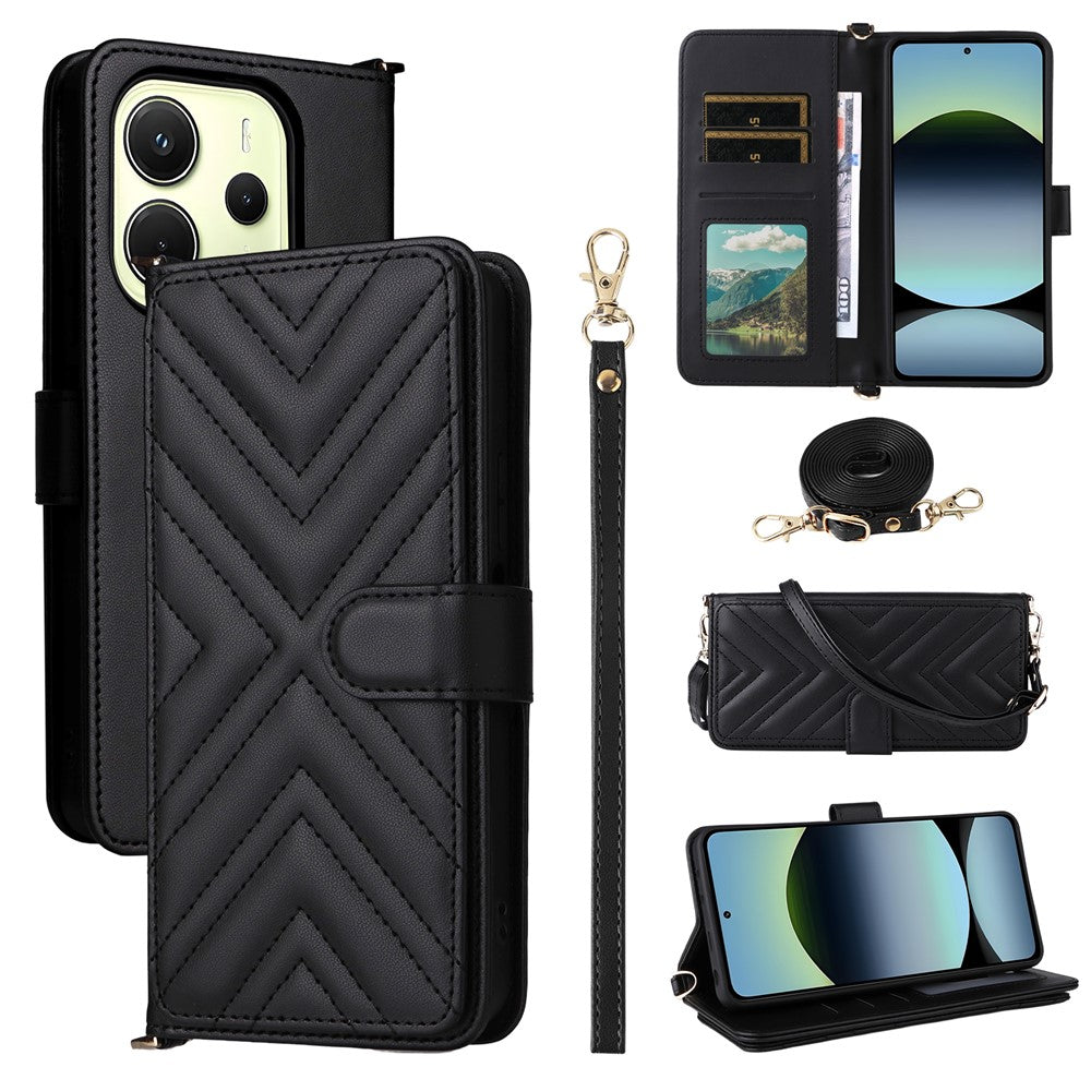 For Xiaomi Redmi Note 14 4G (163.25mm) Wallet Case with Shoulder / Wrist Strap Leather Phone Cover Stand