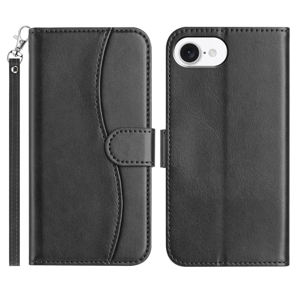 For iPhone 17e / 16e Stand Case with Strap PU Leather Wallet Phone Cover S Shape Stitching Design
