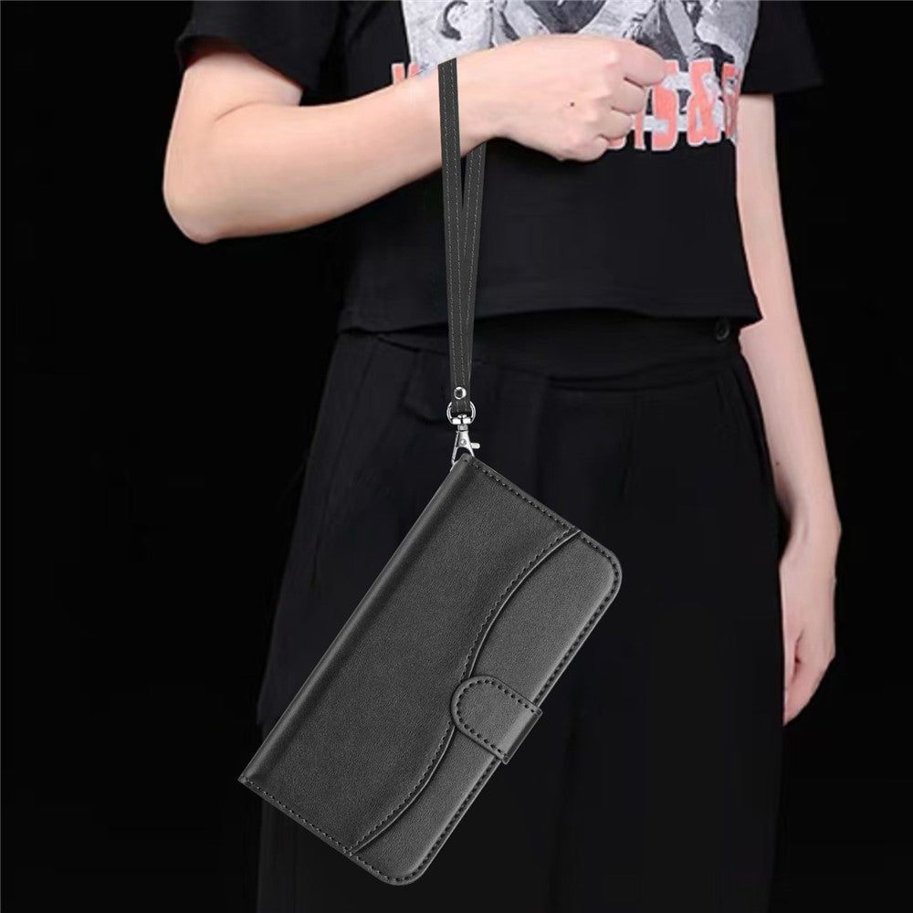 For iPhone 17e / 16e Stand Case with Strap PU Leather Wallet Phone Cover S Shape Stitching Design