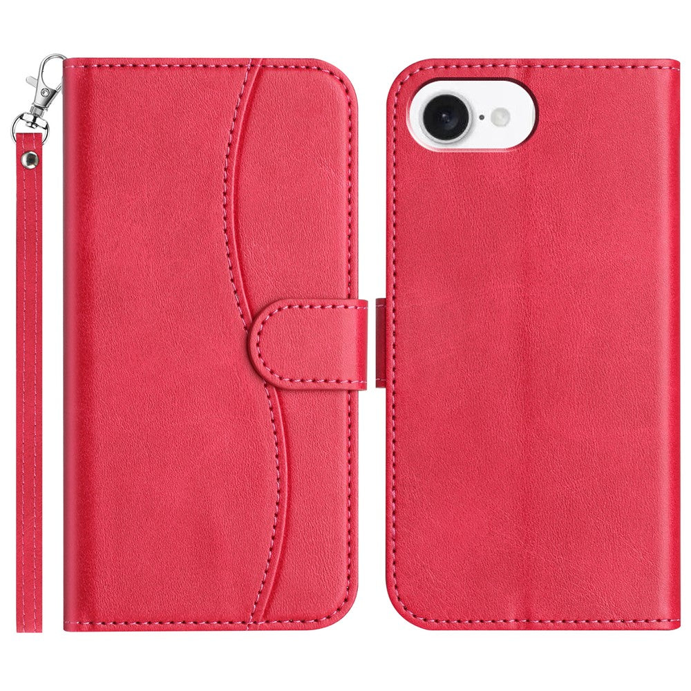 For iPhone 17e / 16e Stand Case with Strap PU Leather Wallet Phone Cover S Shape Stitching Design