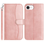 For iPhone 17e / 16e Stand Case with Strap PU Leather Wallet Phone Cover S Shape Stitching Design