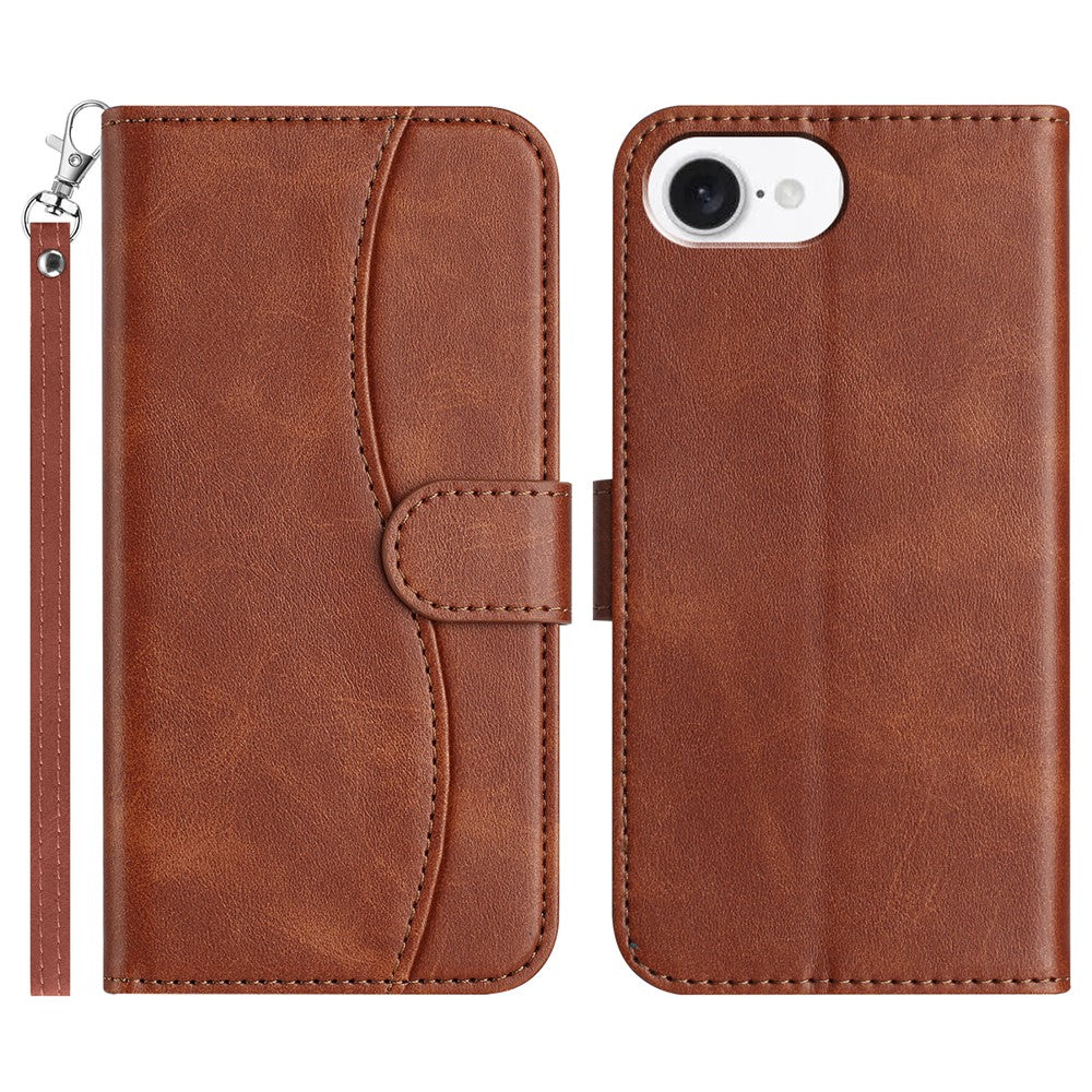 For iPhone 17e / 16e Stand Case with Strap PU Leather Wallet Phone Cover S Shape Stitching Design