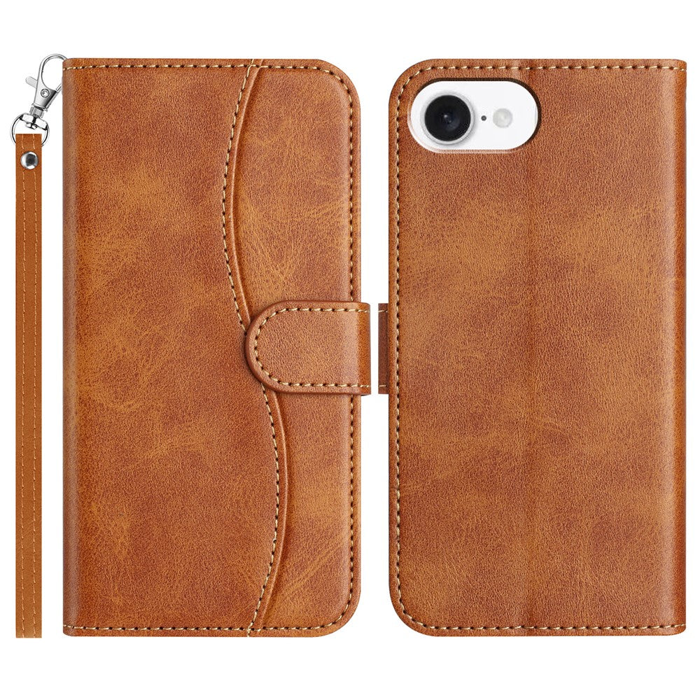 For iPhone 17e / 16e Stand Case with Strap PU Leather Wallet Phone Cover S Shape Stitching Design