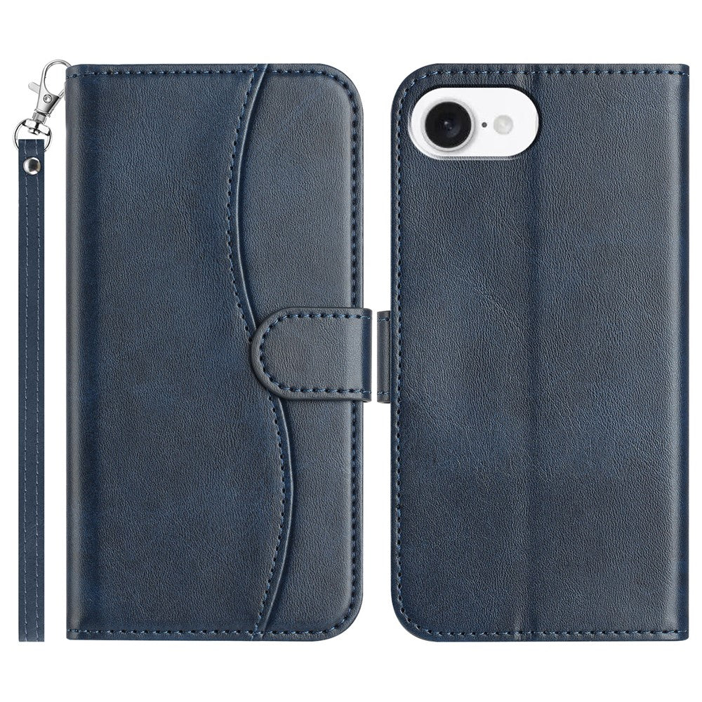 For iPhone 17e / 16e Stand Case with Strap PU Leather Wallet Phone Cover S Shape Stitching Design