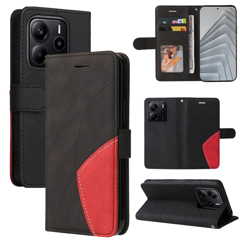 For Xiaomi Redmi Note 14 4G (164.84mm) Leather Phone Case Stand Wallet with Bi-colour Splicing Design