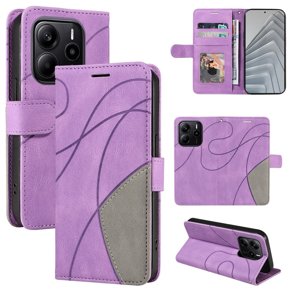 For Xiaomi Redmi Note 14 4G (164.84mm) Leather Phone Case Stand Wallet with Bi-colour Splicing Design