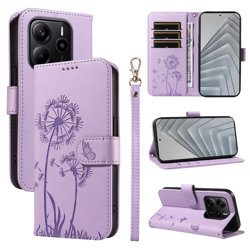 For Xiaomi Redmi Note 14 4G (164.84mm) Leather Wallet Case with Strap Dandelion Imprint Phone Stand Cover