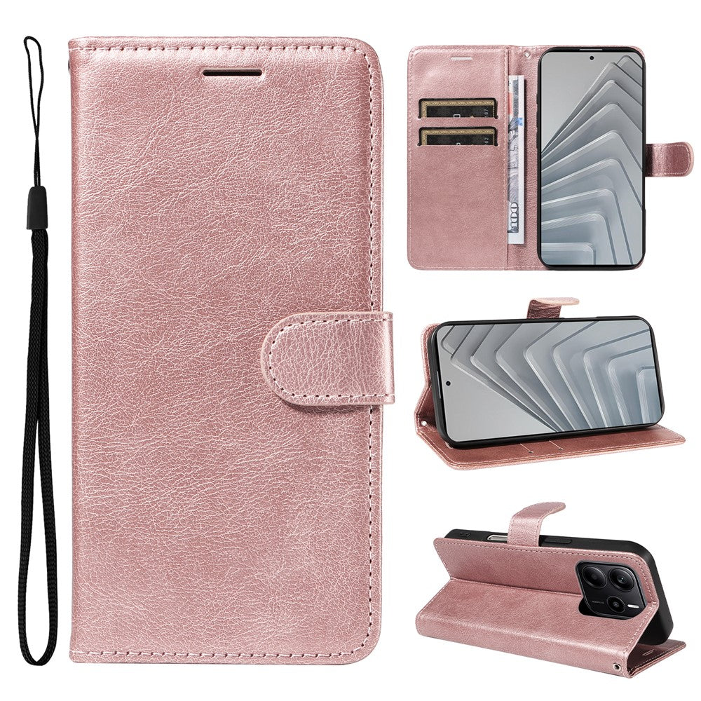 For Xiaomi Redmi Note 14 4G (164.84mm) Leather Wallet Case with Strap Solid Color Phone Stand Cover