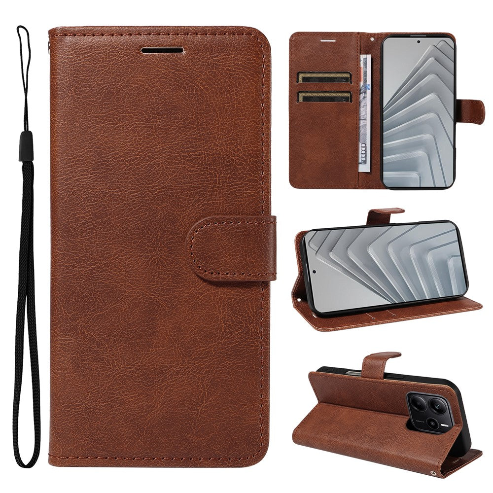 For Xiaomi Redmi Note 14 4G (164.84mm) Leather Wallet Case with Strap Solid Color Phone Stand Cover