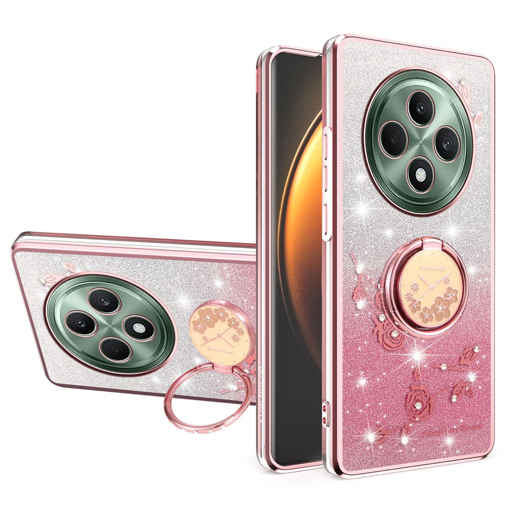 KADEM For Oppo Reno12 F 5G Case Ring Kickstand TPU Flowers Phone Cover Gradient Glitter
