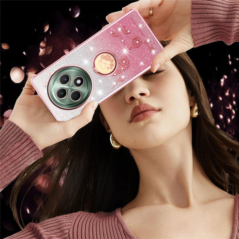 KADEM For Oppo Reno12 F 5G Case Ring Kickstand TPU Flowers Phone Cover Gradient Glitter