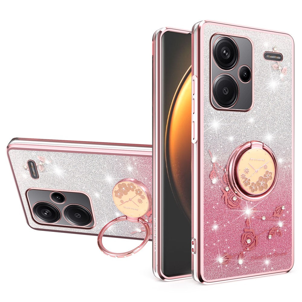 KADEM For Xiaomi Redmi Note 13 Pro+ 5G Case Ring Kickstand TPU Flowers Phone Cover Gradient Glitter