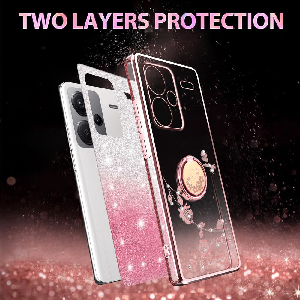 KADEM For Xiaomi Redmi Note 13 Pro+ 5G Case Ring Kickstand TPU Flowers Phone Cover Gradient Glitter