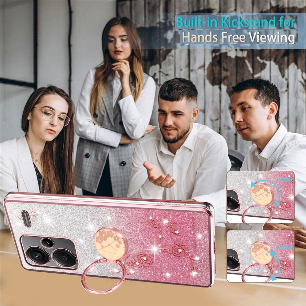 KADEM For Xiaomi Redmi Note 13 Pro+ 5G Case Ring Kickstand TPU Flowers Phone Cover Gradient Glitter