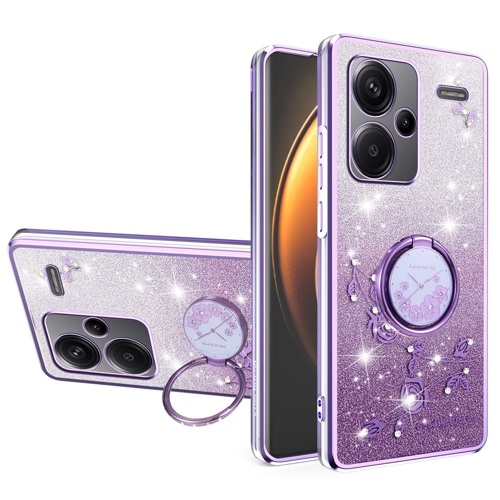 KADEM For Xiaomi Redmi Note 13 Pro+ 5G Case Ring Kickstand TPU Flowers Phone Cover Gradient Glitter