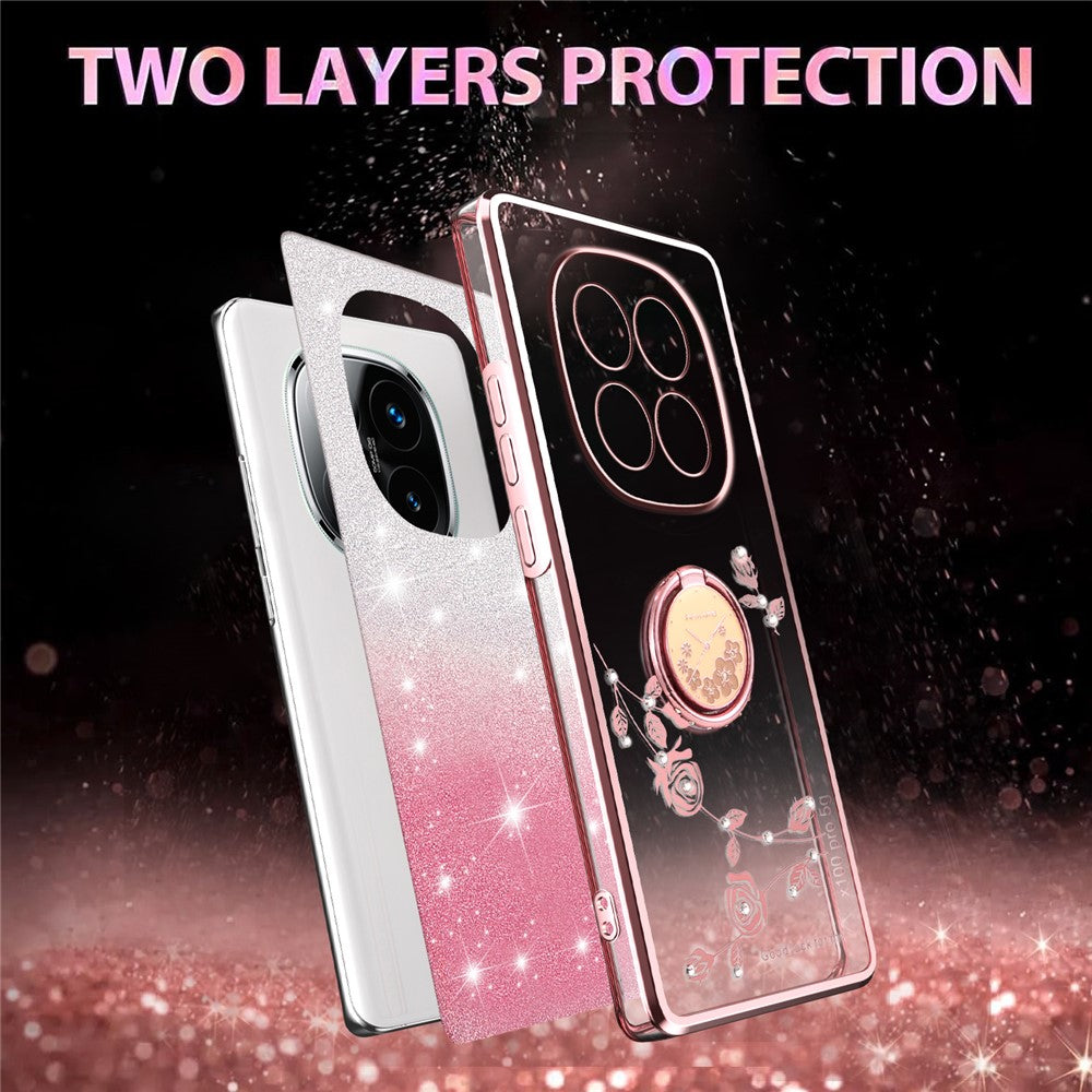 KADEM For Xiaomi Redmi Note 14 Pro+ 5G Case Ring Kickstand TPU Flowers Phone Cover Gradient Glitter