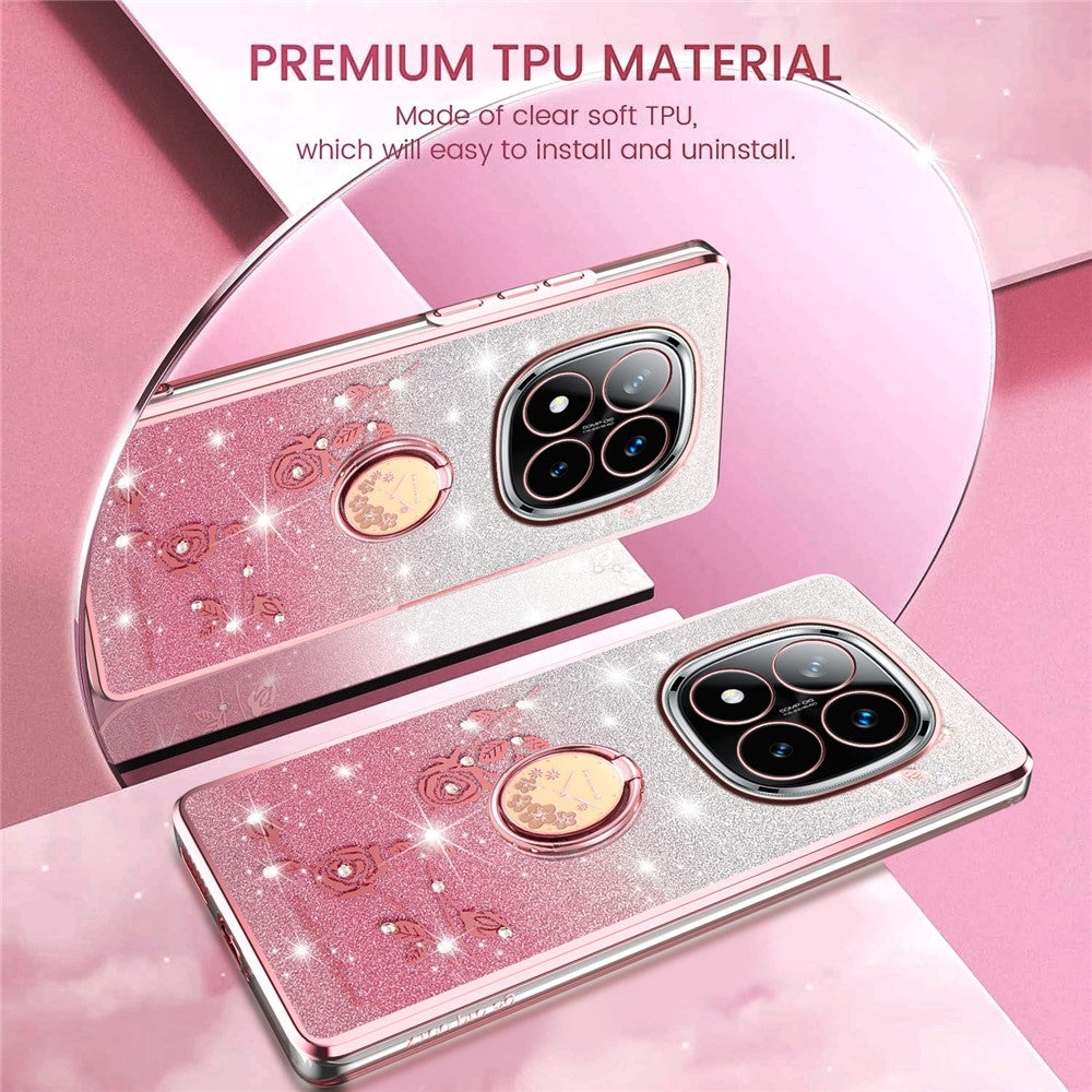 KADEM For Xiaomi Redmi Note 14 Pro+ 5G Case Ring Kickstand TPU Flowers Phone Cover Gradient Glitter