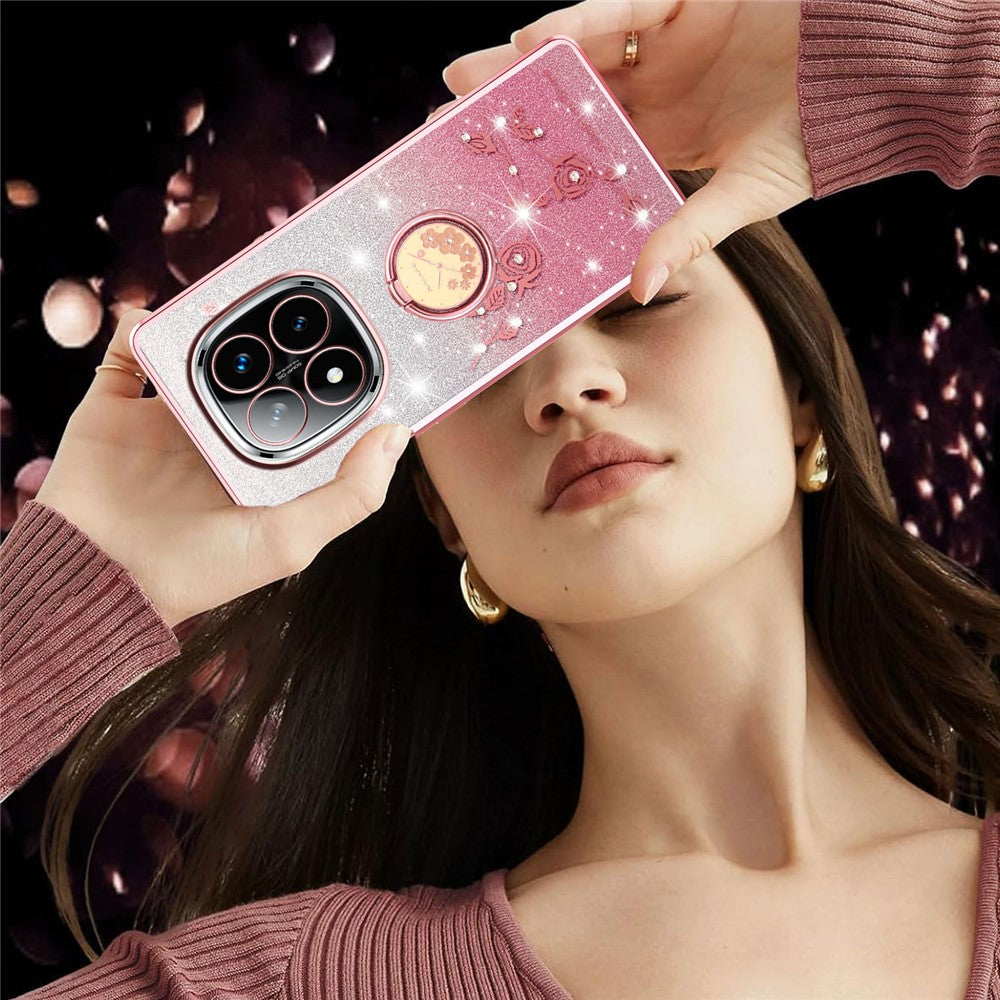 KADEM For Xiaomi Redmi Note 14 Pro+ 5G Case Ring Kickstand TPU Flowers Phone Cover Gradient Glitter