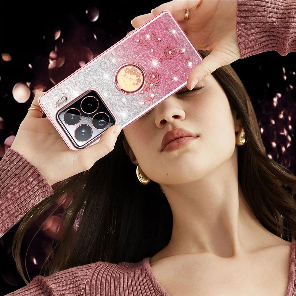 KADEM For Xiaomi 15 Pro Case Ring Kickstand TPU Flowers Phone Cover Gradient Glitter
