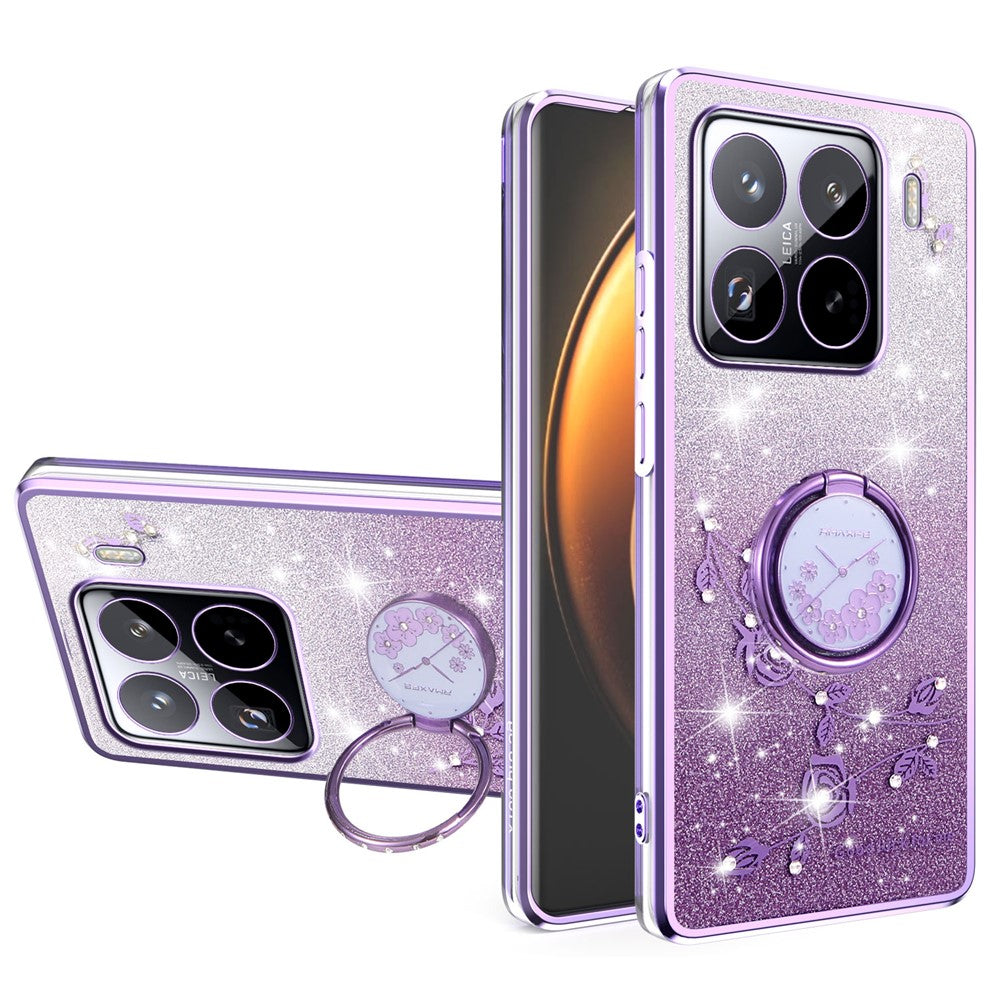 KADEM For Xiaomi 15 Pro Case Ring Kickstand TPU Flowers Phone Cover Gradient Glitter